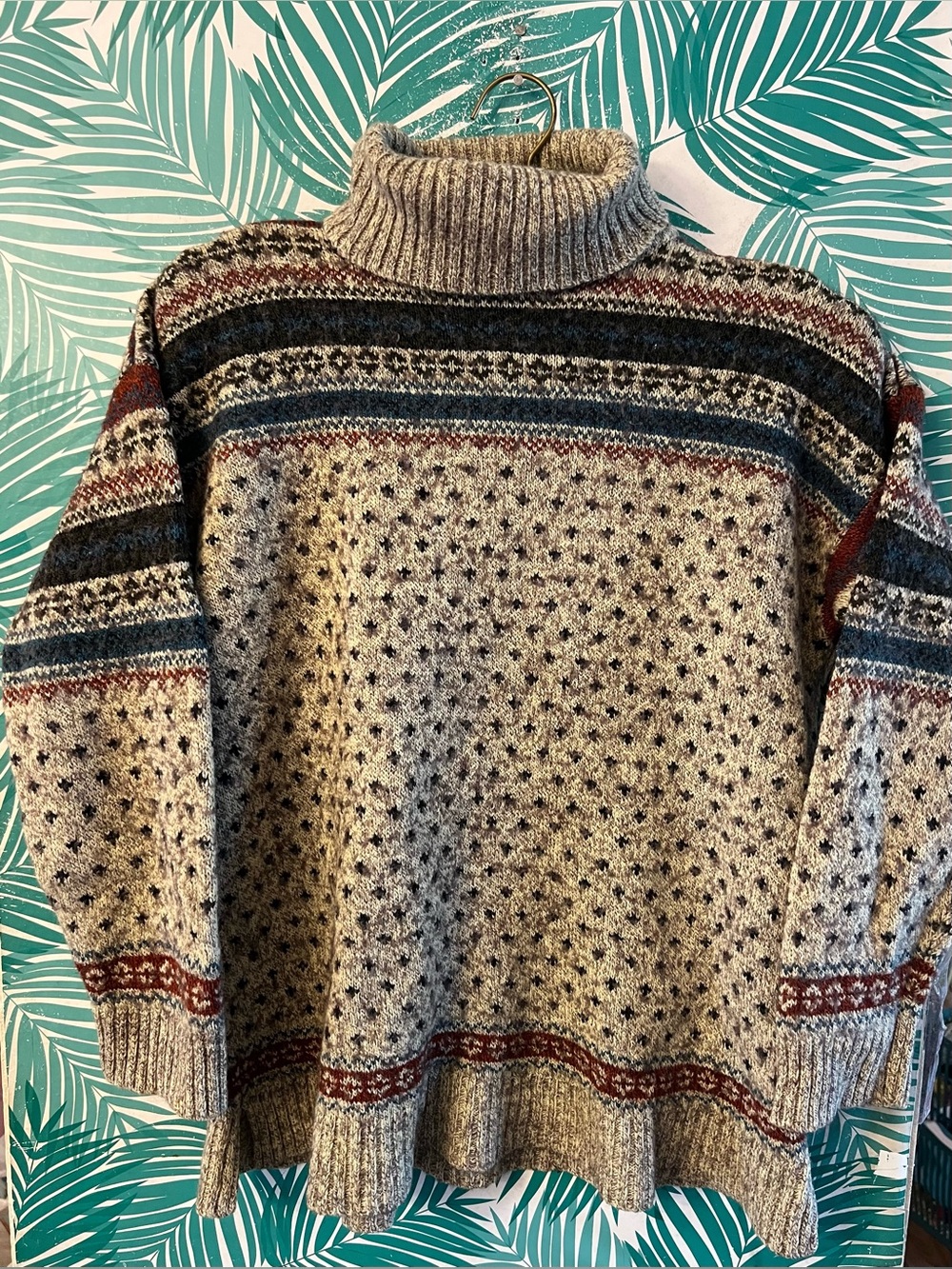 Bravo vintage Turtleneck Fair Isle Sweater in Heather Gray, brown, & green